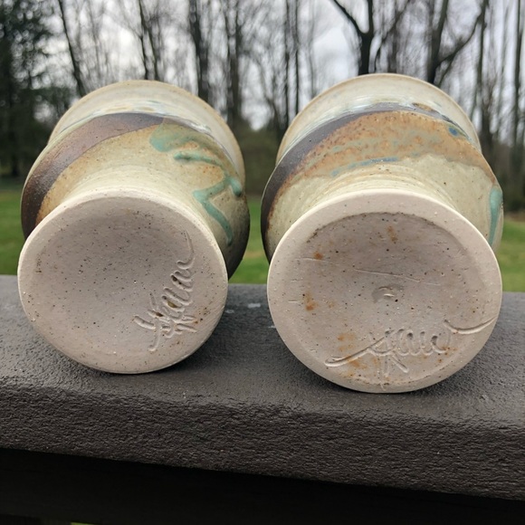 Artist Signed 2 Studio Pottery Goblets Cups - Creamy Tan Brown Blue Green Glaze - Picture 6 of 10